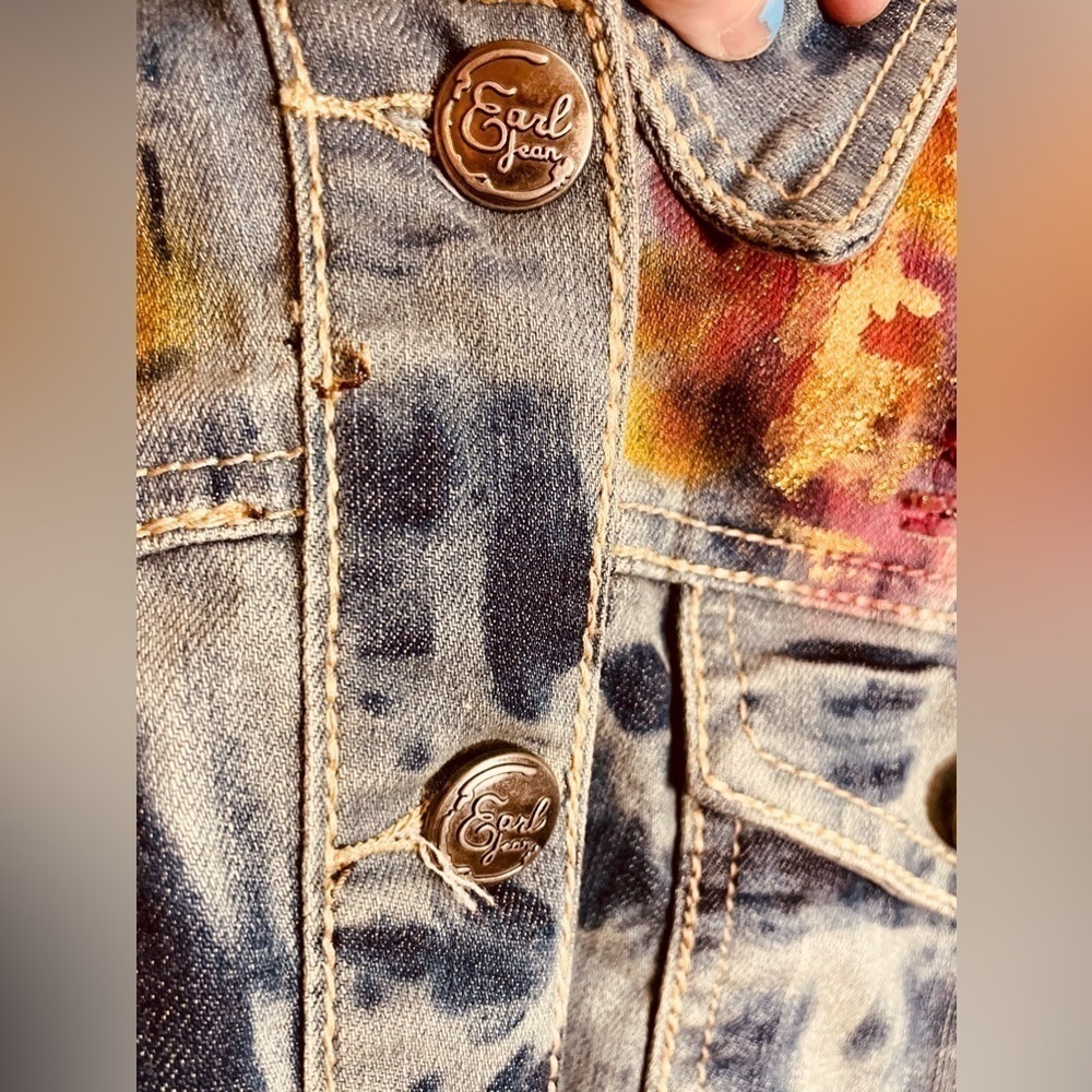 🎨 AIRBRUSHED GLITTER DECORATED ART Earl Jean Vest XL Boho Possibly Upcycled 90s - Picture 5 of 16